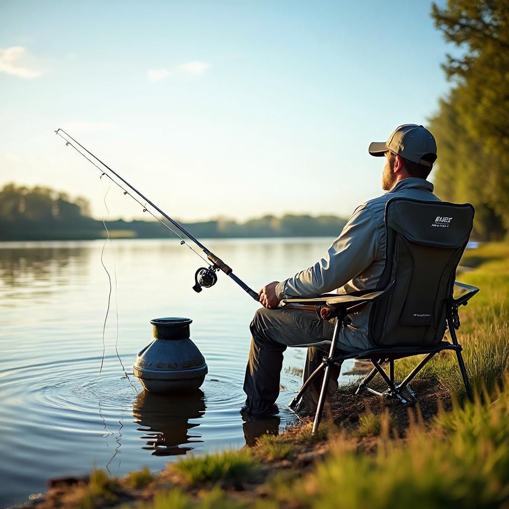 Carp fishing chair in use at lakeside, angler with fishing rods