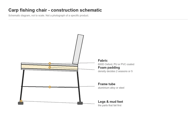 Carp fishing chair construction schematic: frame tube, seat and back fabric, foam padding, and legs with mud feet